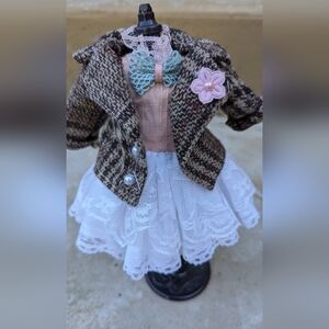 2 piece outfit dress tweed jacket peach top lace